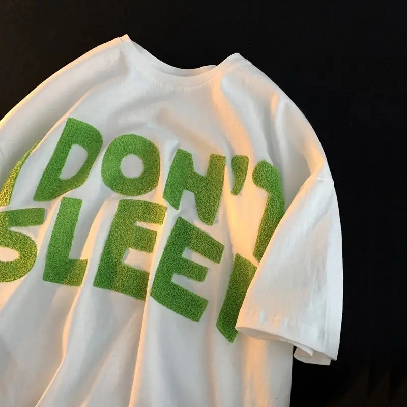 

Pure cotton summer trend Japanese ins embroidery letters Hong Kong style short sleeved T-shirt men and women couple loose top