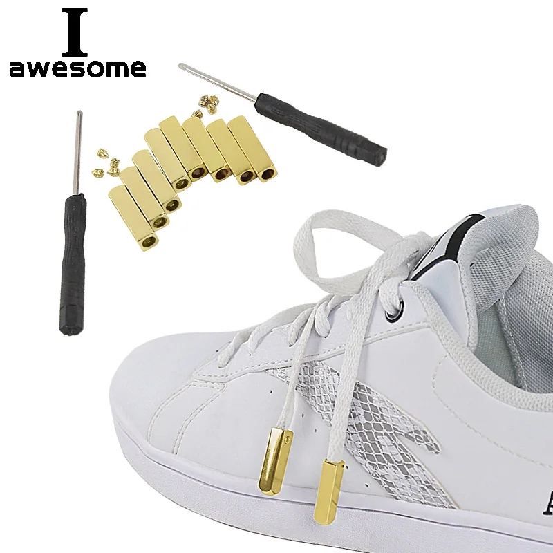 

Gold 4pcs/1Set DIY Luxury Screw On Metal Aglet Replacement Shoelaces Metal Tips Mirror Gold Silver Gunmetal Head For Sneakers