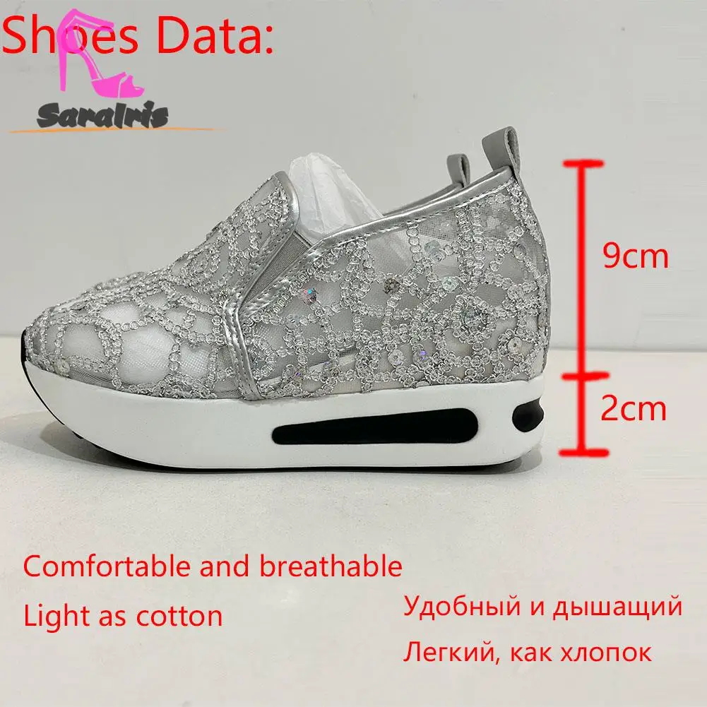 Wedges Women Sneakers Plats Summer 2023 Hot Fashion Flowers Embroidery Mesh Sneakers Women Slip On Comfy Breathable Shoes