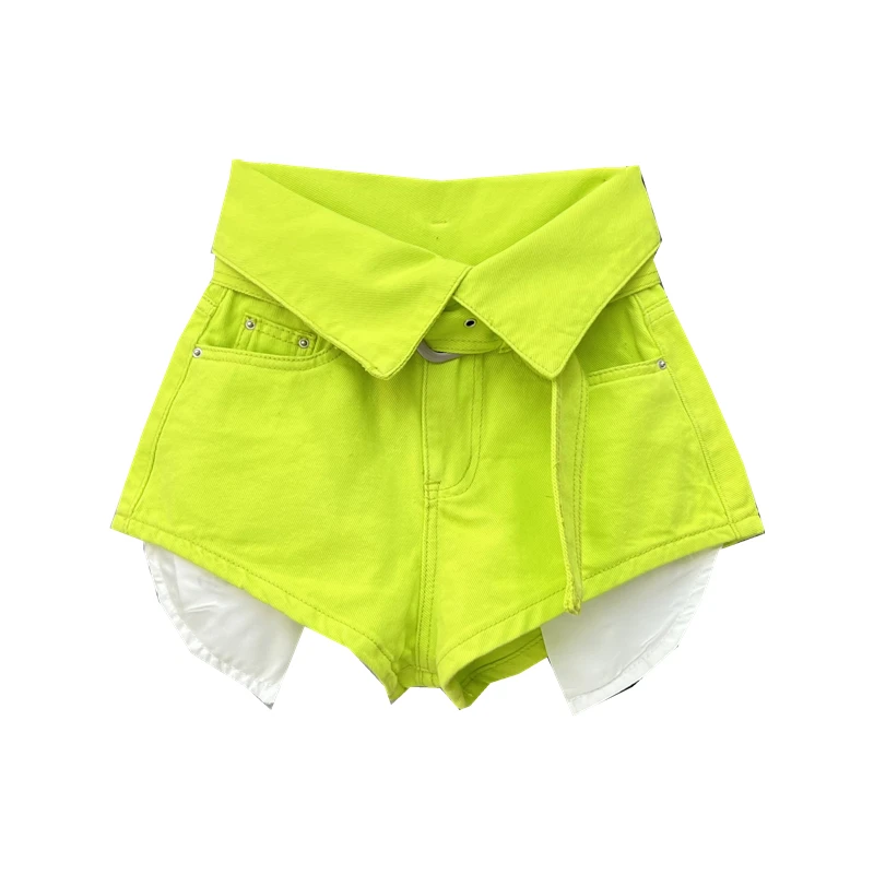 Fashion Cuffed High Waisted Shorts Wide Leg A-line Shorts Fluorescent Green Short Pants Women Pantalones Cortos De Mujer