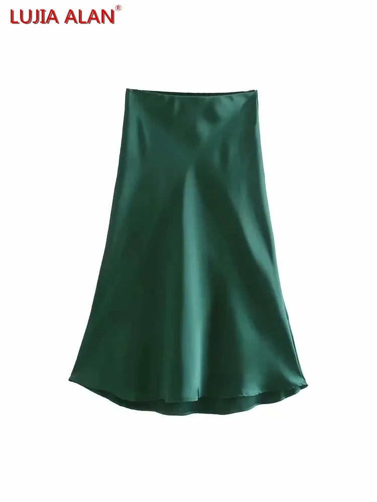 Hot Sale Solid Satin Elastic Waist Women A-Line Skirt Summer Female Slim Falda Midi LUJIA ALAN P1596 Hot Sale Solid Satin Elastic Waist Women A-Line Skirt Summer Female Slim Falda Midi LUJIA ALAN P1596