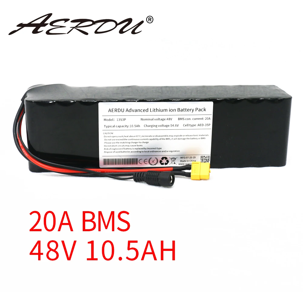 

AERDU 48V 10.5Ah 750w 18650 13S3P 10Ah lithium battery pack electric bike scooter bicycle unicycle moped 4810 20A BMS XT60 500w