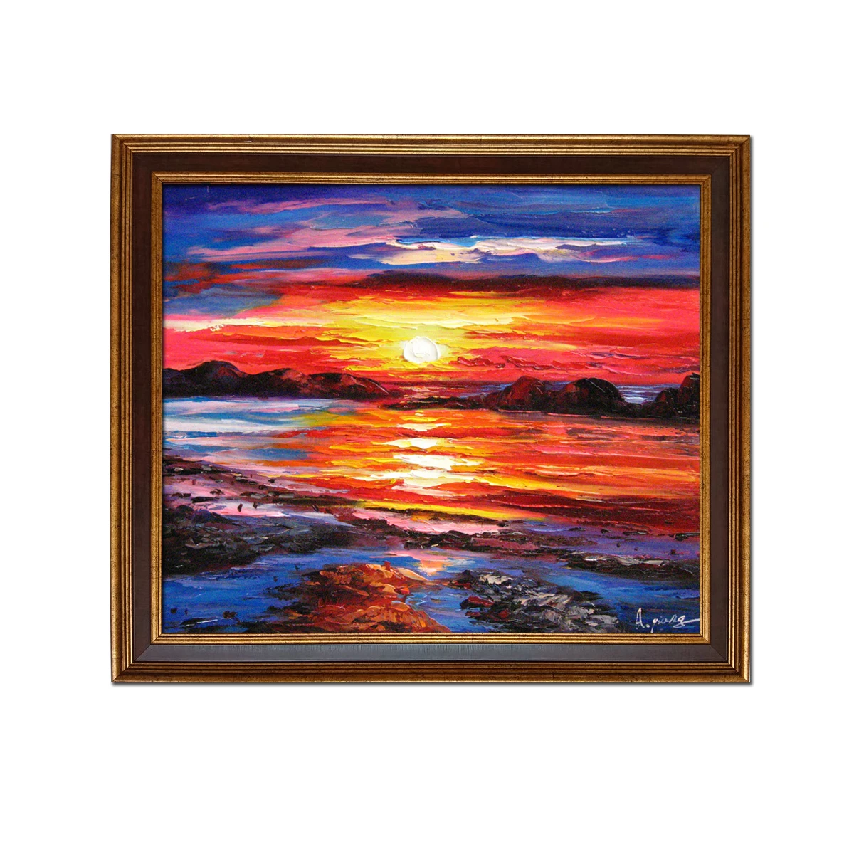 

Golden Framed-Hand Painted Abstract Seascape Beach Oil Painting Modern Wall Art Reproduction on Canvas Home Decor