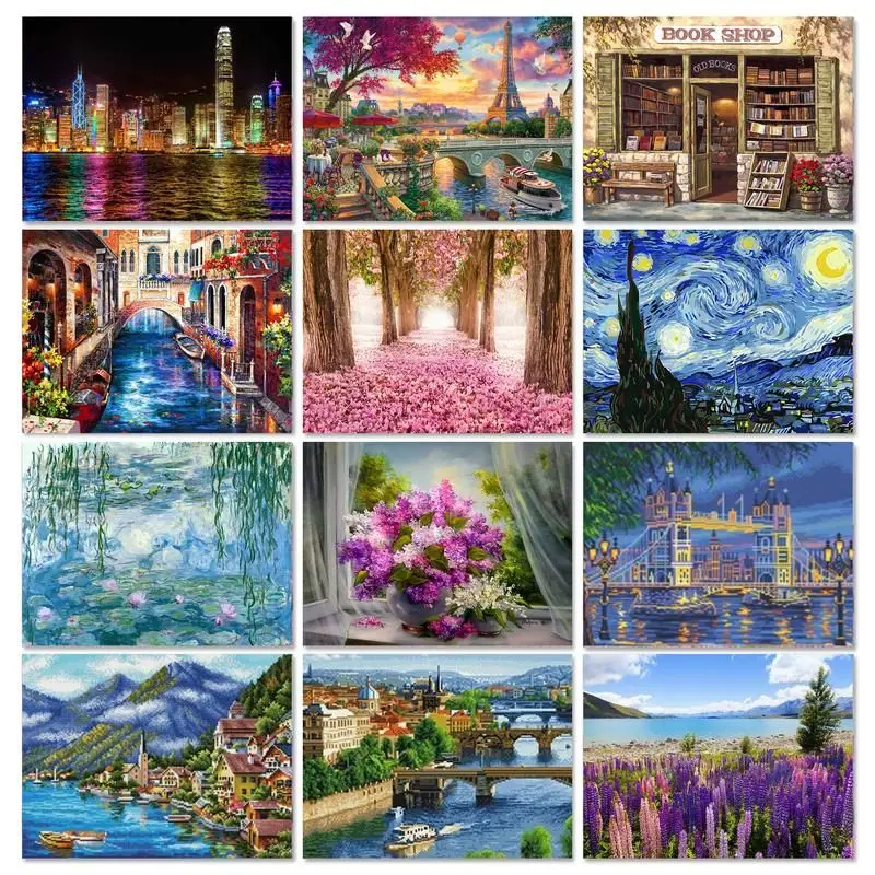 GATYZTORY алмазная живопись город Алмазная вышивка полная дрель речный пейзаж мозия