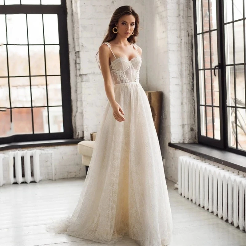 

Vintage Wedding Dress Sweetheart Spaghetti Straps Bridal Gowns A-line Tulle Lace Appliques Brides Dresses Vestido De Novia