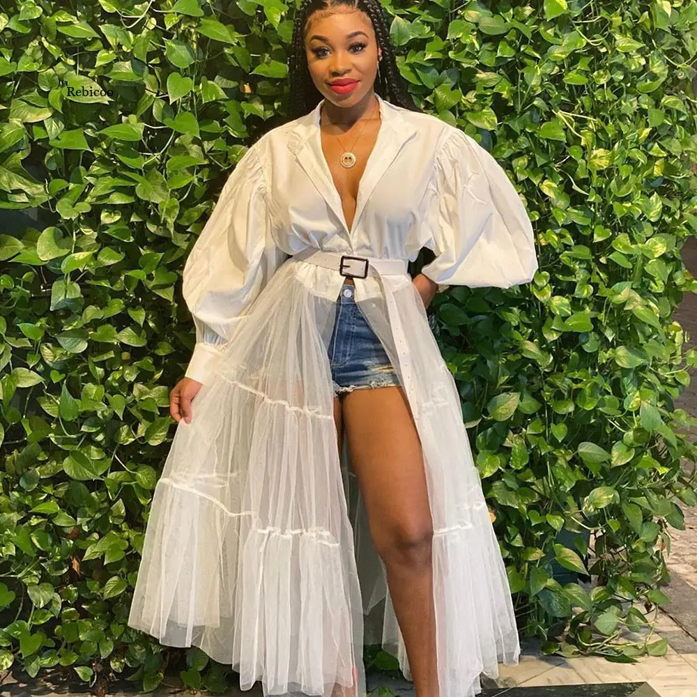 

Сетчатое белое платье-рубашка в стиле пэчворк, осенняя одежда для женщин, длинное платье на пуговицах с рукавами-фонариками, уличная одежда, платья для ночных клубов Вечерние