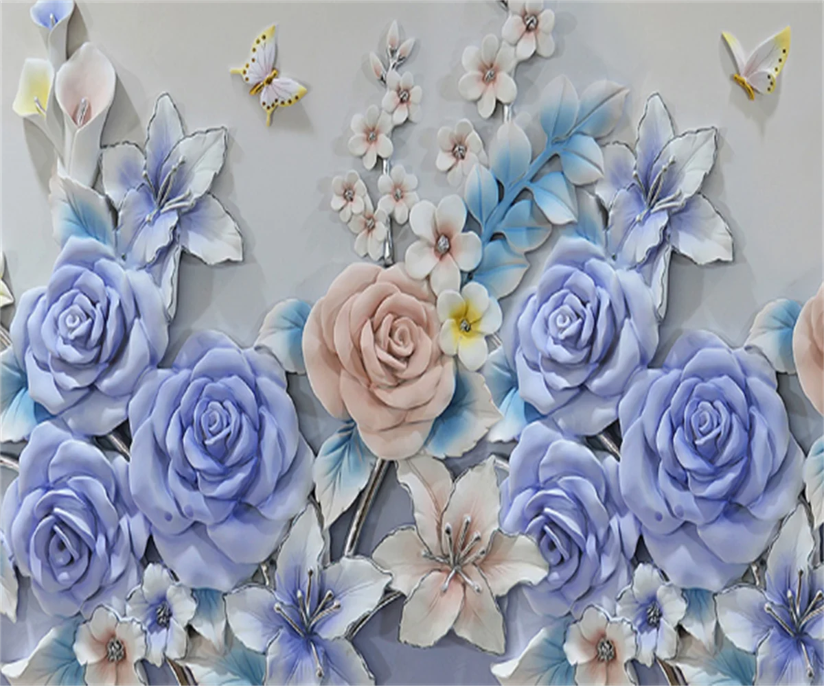 

Customized 3D any size wallpaper mural Nordic rose relief TV background wall decoration painting resin flower wall wallpaper