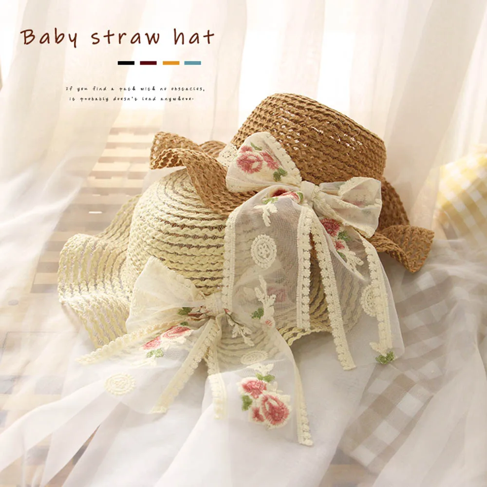 

Keelorn Kids Straw Hat Girls Lace Sun Hats for Wide Brim Straw Beach Side Cap Floppy Flower Solid Fringe Straw Hat Summer Sunhat