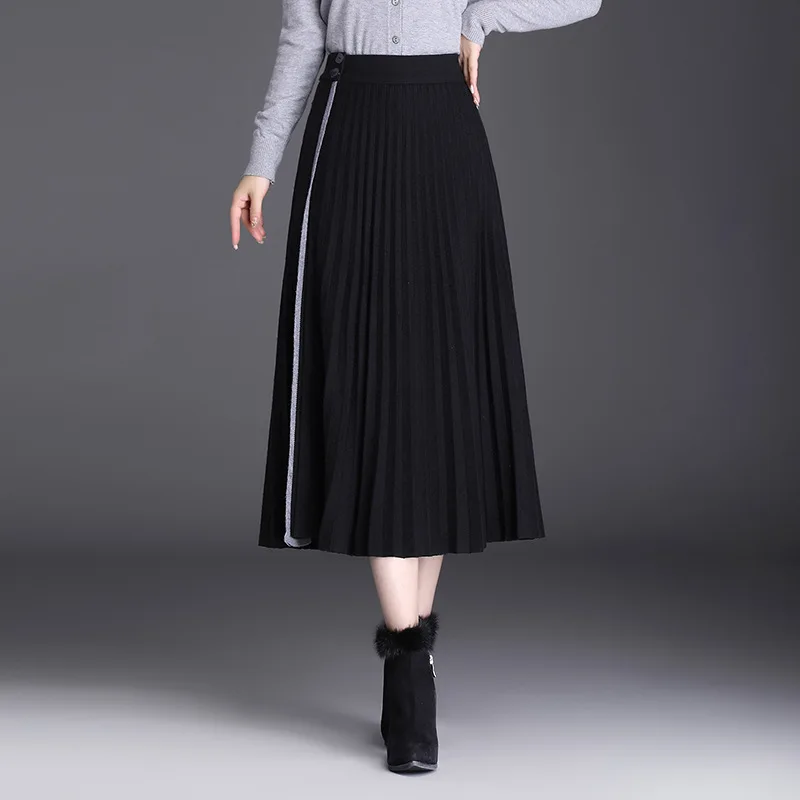 

Pleated Skirt for Women 2022 Winter Women Elastic High Waist Loose Big Swing Casual Korean Style Long Knitted Skirts 6866