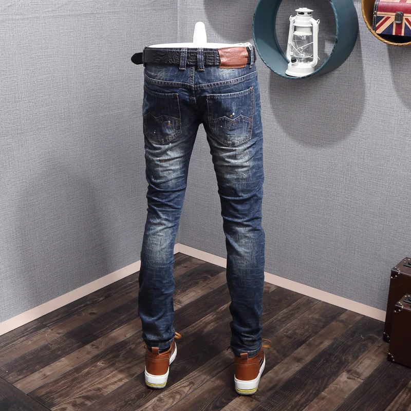 Streetwear Fashion Men Jeans Retro Blue Stretch Slim Ripped Jeans Men Destroyed Trousers Painted Designer Vintage Pants Hombre