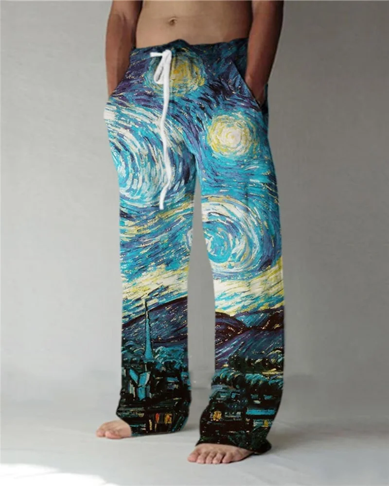

Men's Abstract Graphics 3D Print Casual Art Skeleton Trousers Baggy Painting Pant Pockets Drawstring Elastic Waist Cross Pants