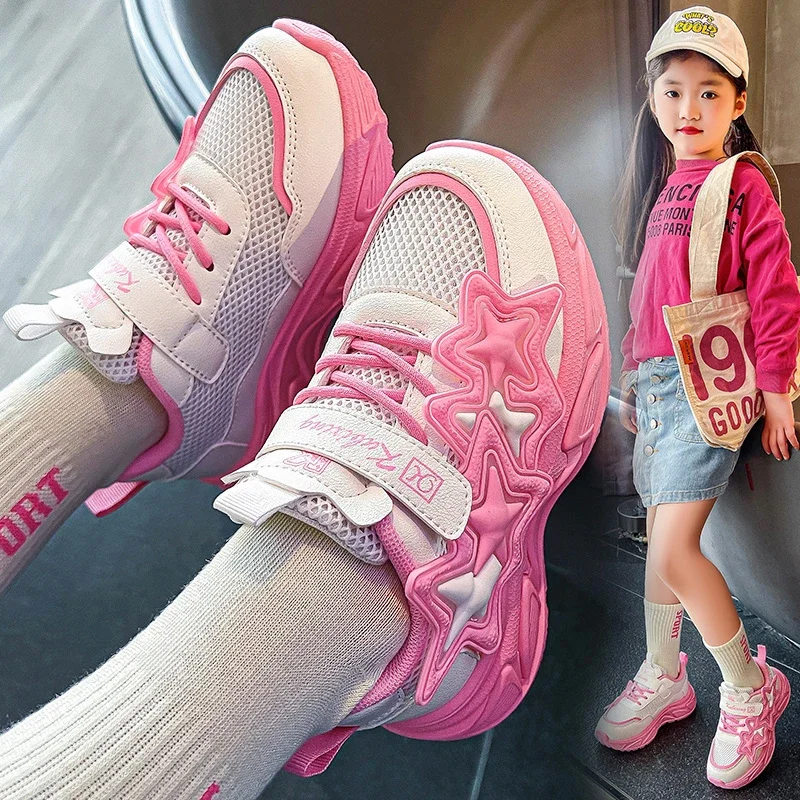 Girls Running Shoes Fashion Classic Kids Casual Sneakers Children Sports Air Mesh with Stars Breathable 2024 Spring Summer