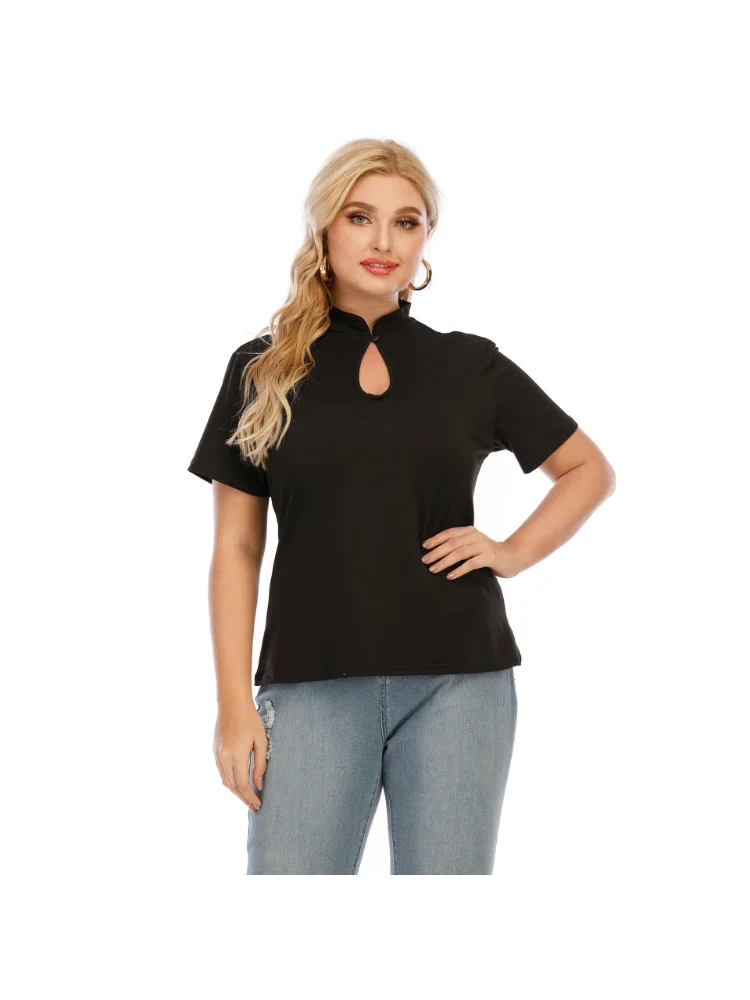 Half high collar, one button, short sleeved casual slim fitting T-shirt top plus size women clothing