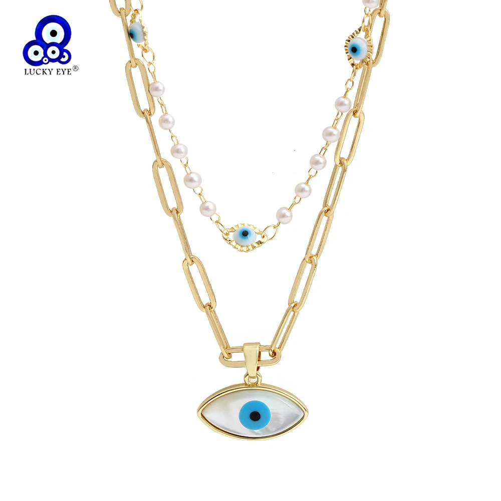 Lucky Eye Blue Turkish Evil Eye Pendant Necklace Double Layer Link Chain Necklace for Women Girls Men Fashion Jewelry BE596