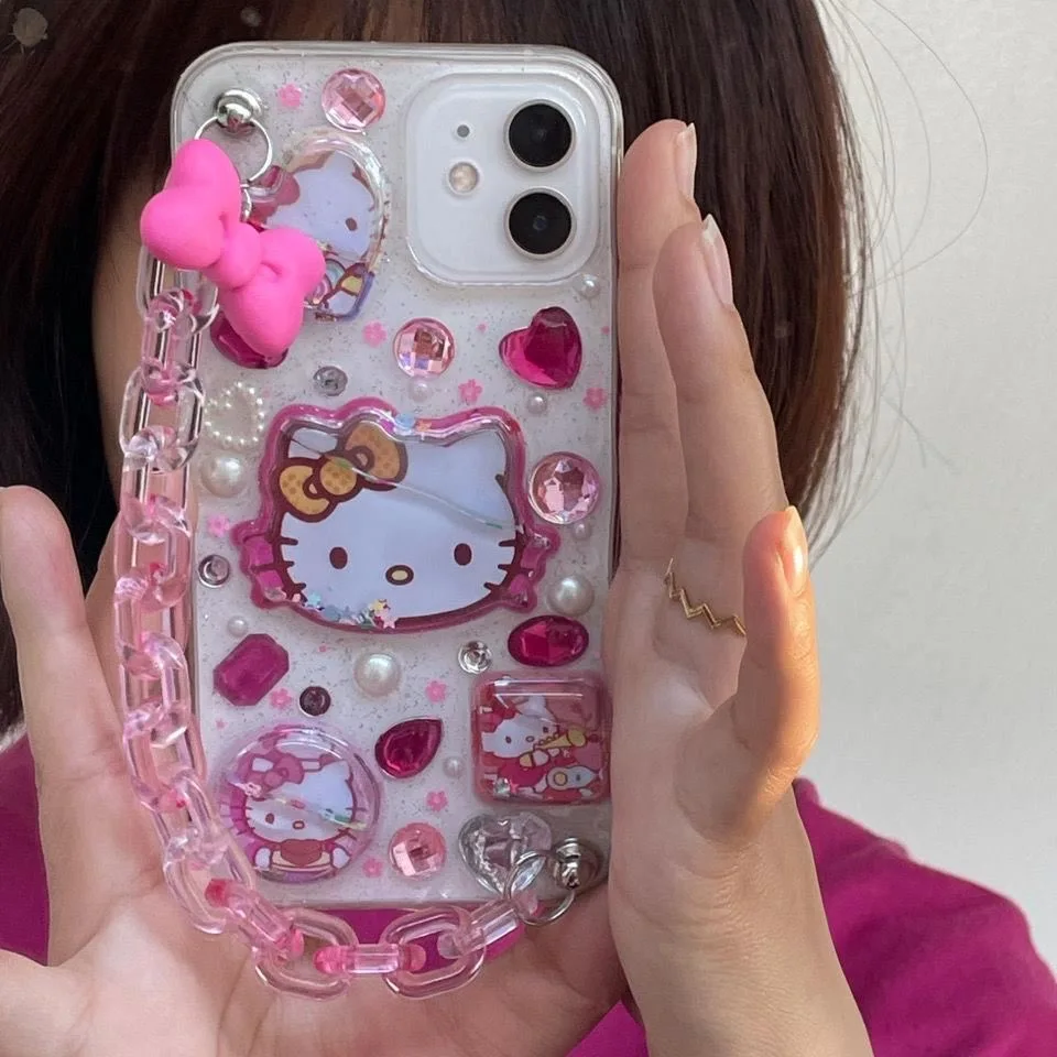 

Hello Kitty Chain Pendant Cartoon Phone Case for iPhone13 13Pro 13Promax 12 12Pro Max 11Pro X XS XR 7 8P Epoxy Protective Cover