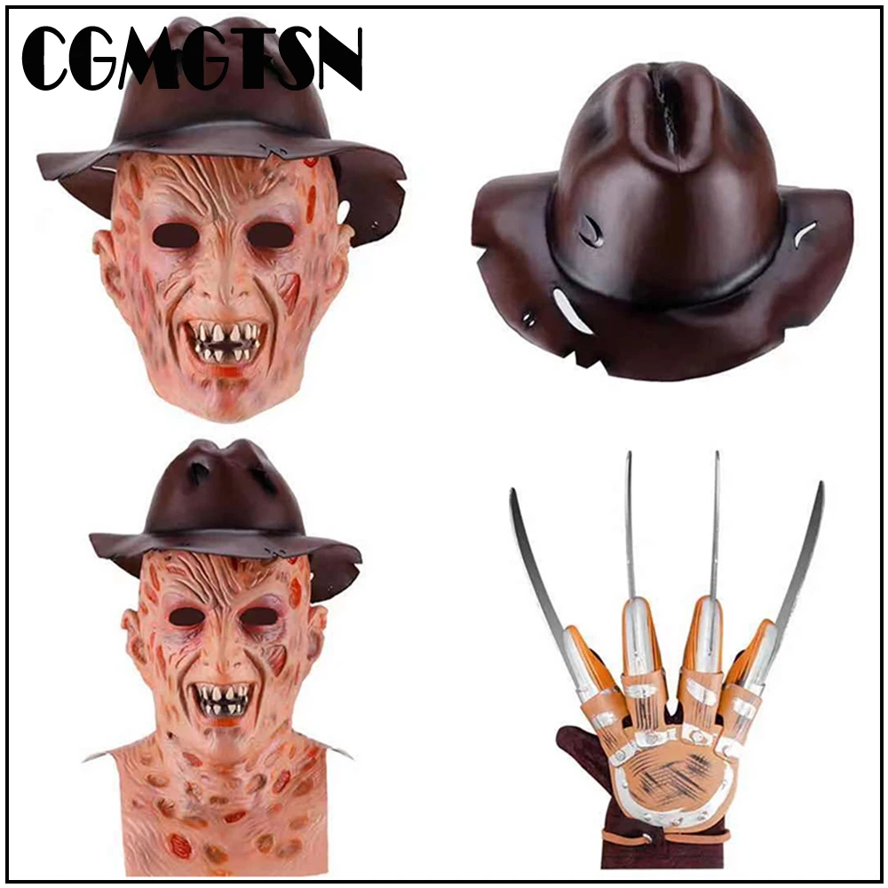 

CGMGTSN Horror Halloween Freddy Mask Krueger Killer Cosplay Gloves Hat Scary Costumes Full Head Latex Mask Masquerade Party Prop