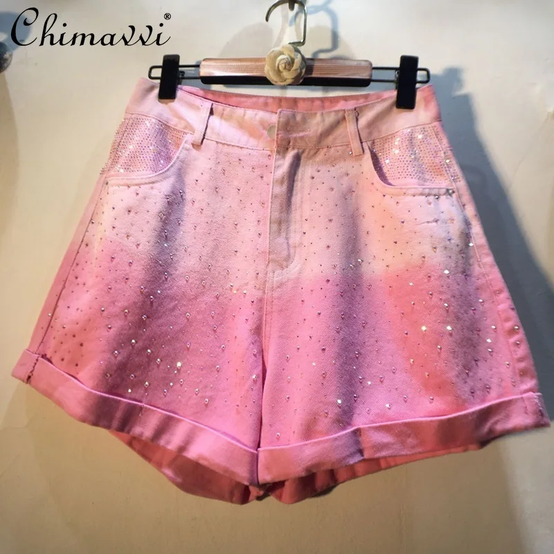 

European 2022 Summer New Heavy Hot Drilling Gradient Tie-Dye Shorts High Waist Slimming Fashion Flanging Denim Short Pants