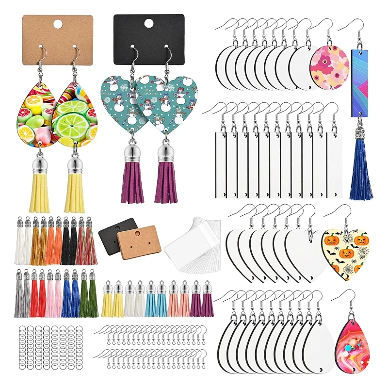 

219x Sublimation Ornament Blanks with Tassels Earring Hooks Cardboard Holders for Jewelry DIY Earring Supply Craft 124A