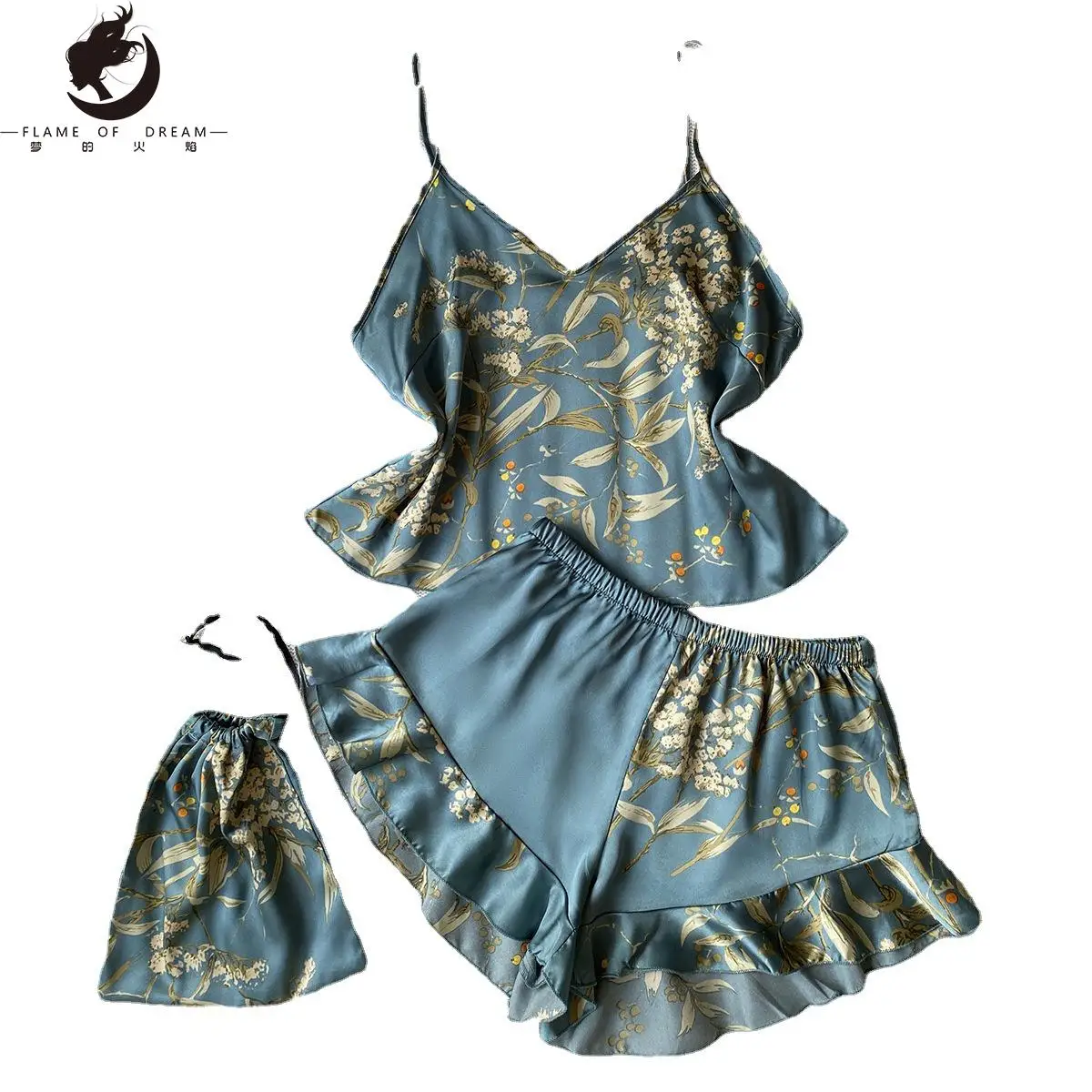 Summer Silk Pajamas Two-piece Fashion Printed Shorts Home Wear Suit Sexy Suspender pajamas 3015