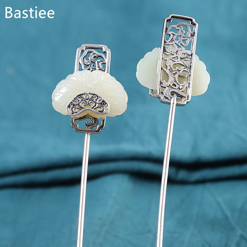 Bastiee Hair Accessories S925 Silver Head Ornaments Hotan Jade Hairpin for Women Hair Jewelry Chinese Ethnic