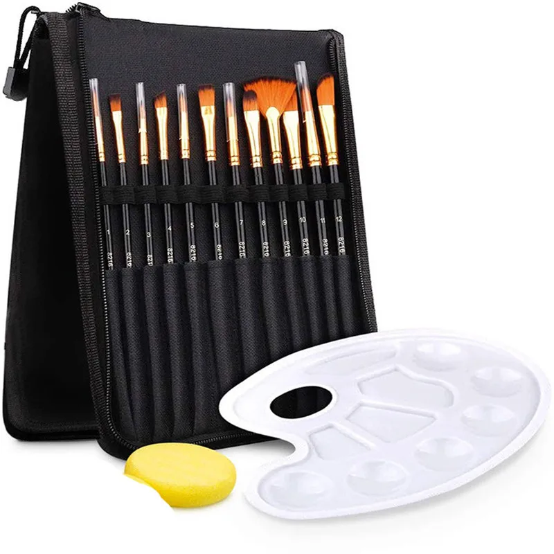 

12PCS Oil Paint Brush+ Sponge Scraper, Palette, Cloth Bag and Brush Sets Artist Painting Brushes Watercolor Art Supplies