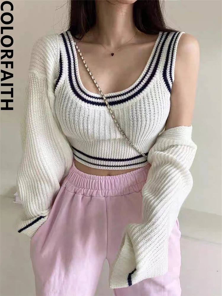 

Colorfaith Новинка 2022, корейская мода, шикарный женский винтажный осенне-зимний вязаный кардиган, два предмета, Элегантные Короткие топы SWC3422JX