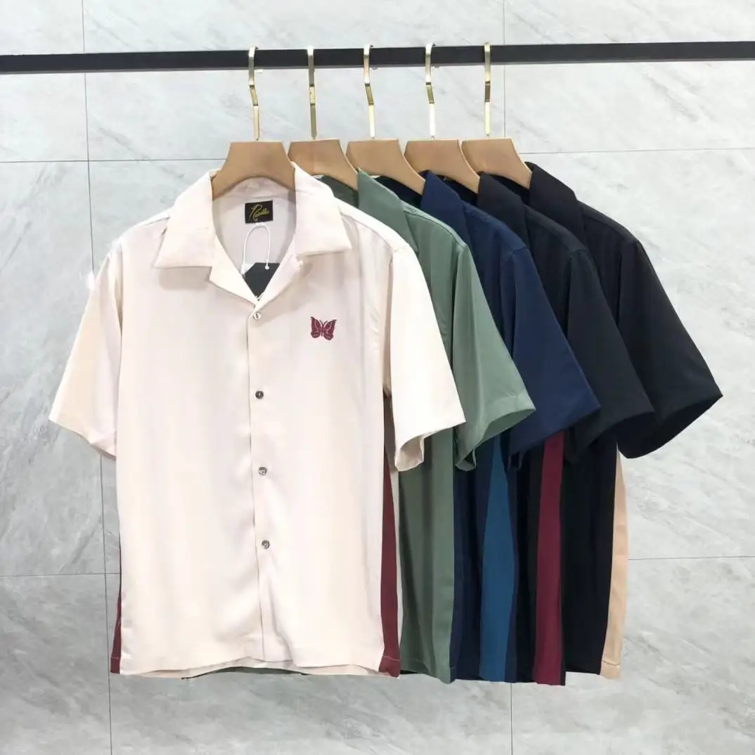 

5 Colors Summer Seam Cut Needles High Quality Shirts Men Women 1:1 AWGE Loose Tops Butterfly Short Sleeve Lapel Collar Blouse