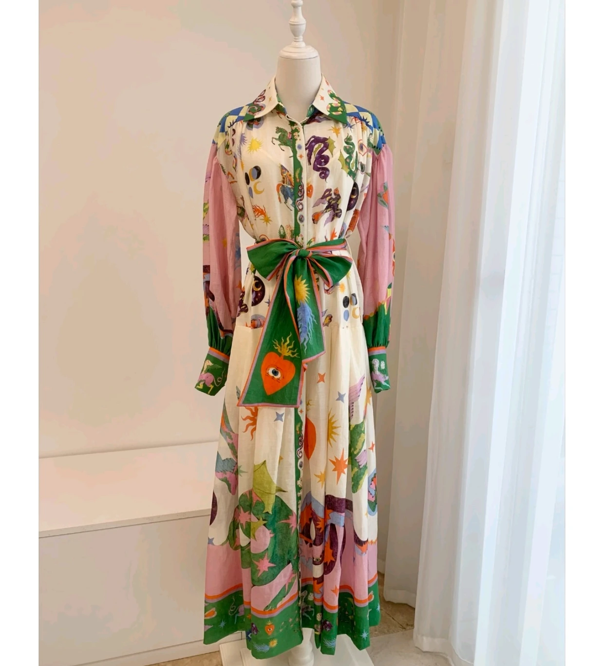 

100% Ramie Women Retro Print Long Dress Lantern Long Sleeve Lace-up Waist midi dress