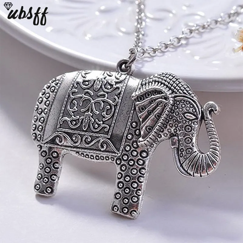 

Thai Elephant Pendant Necklace Fashion Vintage Antique Silver Color Big Elephant Necklace Long Chain Metal Chain Necklace