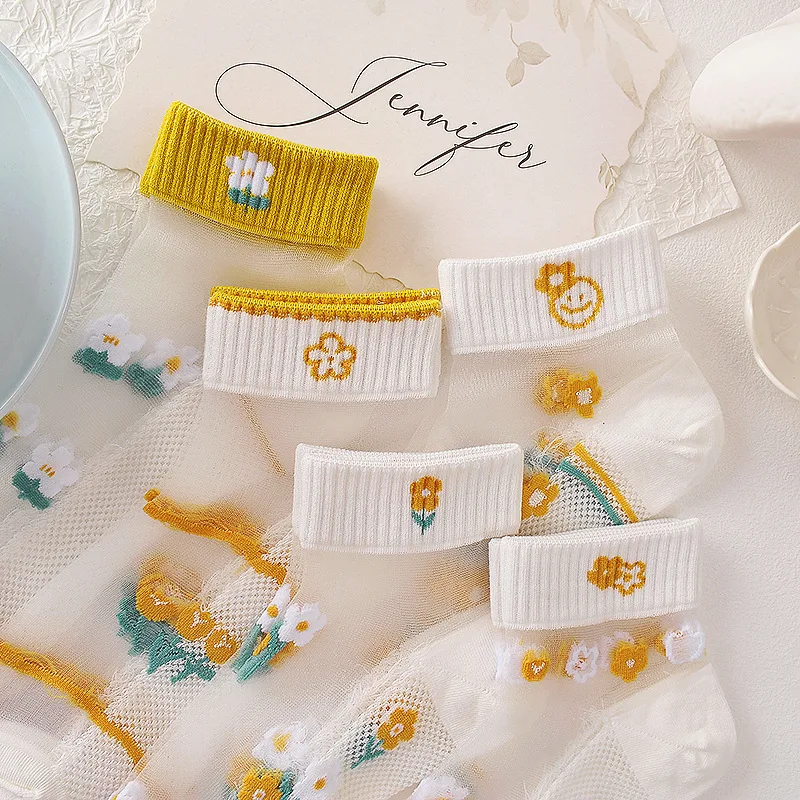 5 Pairs Summer Thin Cotton All-Over Transparent Sweet Mid-Tube Socks