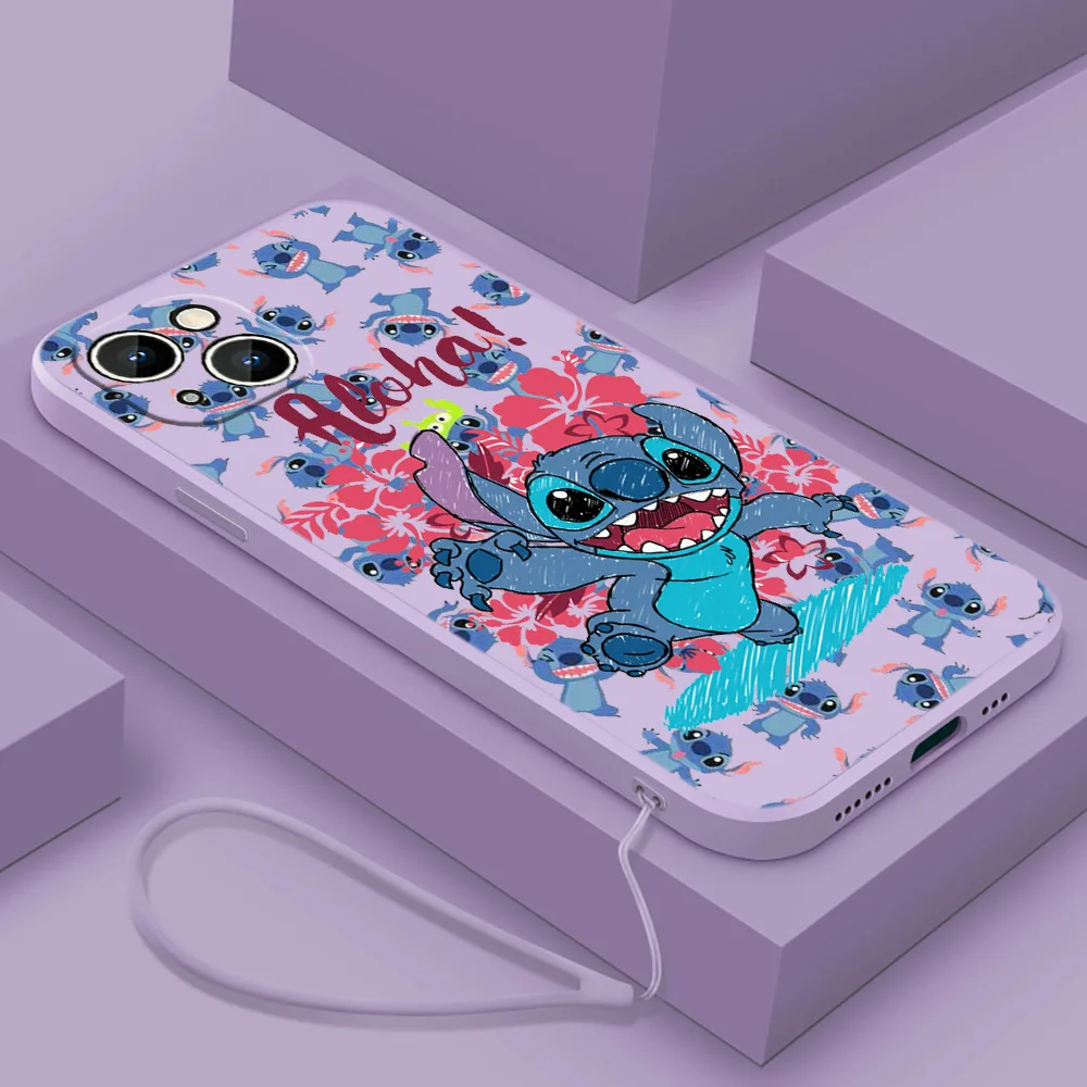 

Cartoon Lilo & Stitch Cute Phone Case For Apple iPhone 14 13 12 mini 11 Pro 8 7 Plus XR XS X Max Liquid Rope Funda Cover