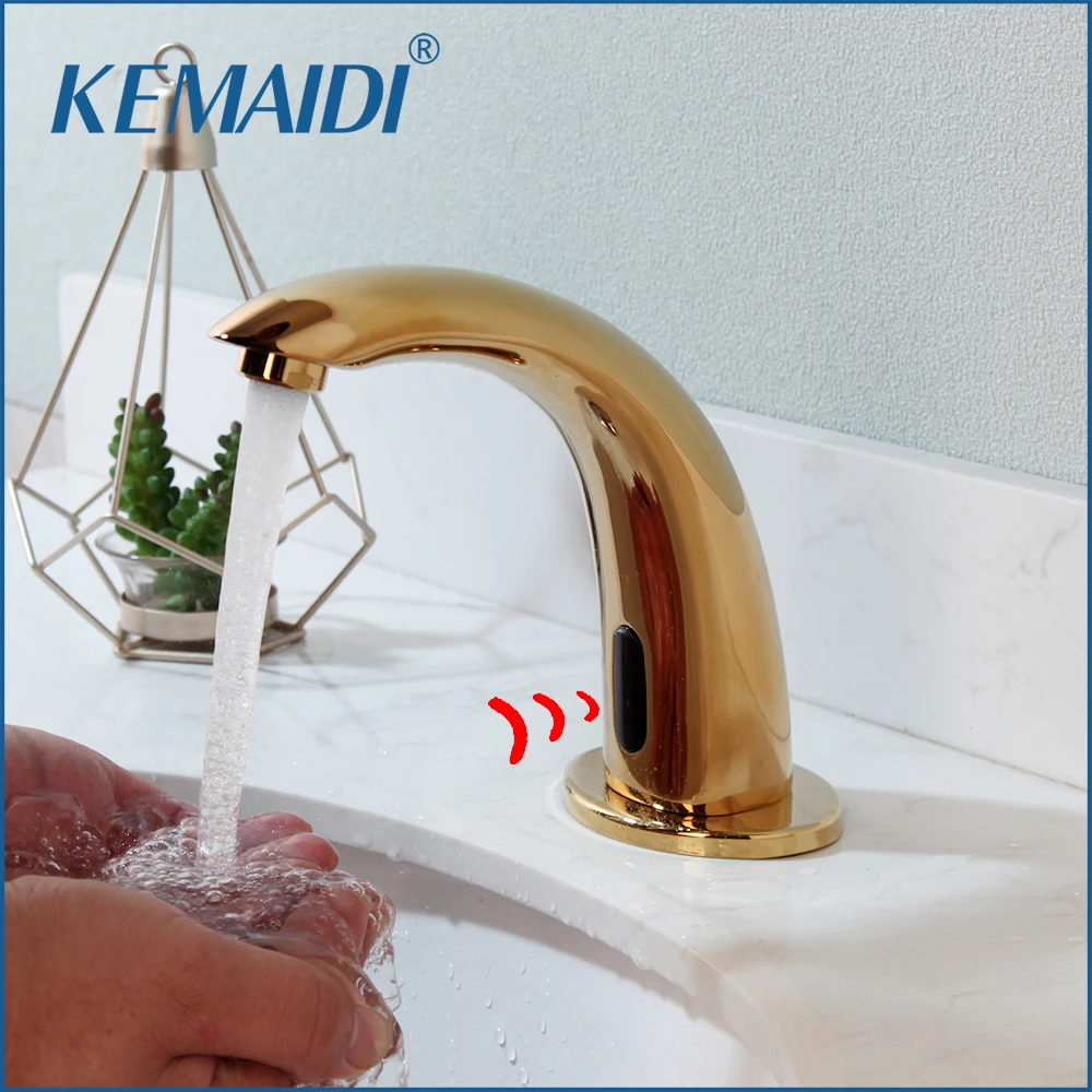 

KEMAIDI золотистый автоматический датчик для ванной комнаты смеситель, сенсорные инфракрасные смесители, смеситель горячей и холодной воды, латунный кран с креплением на раковину