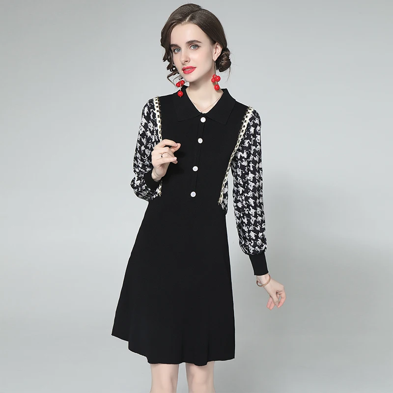 

Knitted Women's Dress Party Long Sleeve Clothing Summer Loose V-neck A-LINE Lady Houthion
