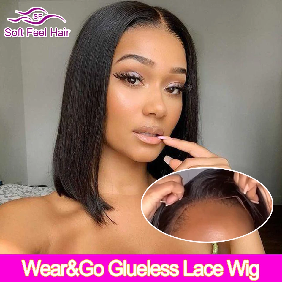 

Wear And Go Glueless Wig Brazilian Straight Short Bob Human Hair Wigs For Women Pre Plucked 4x6 Lace Closure Wig Soft Feel Hair