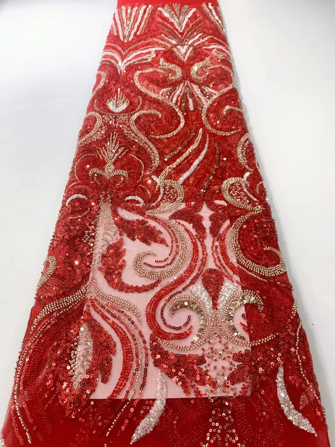 

Luxury African Lace Fabric 2023 High Quality Beaded Sequins Fabric French Nigerian Sewing Wedding Bridal Fabric 5 Yards QF0834