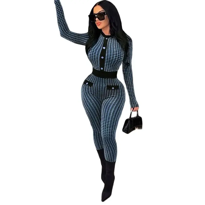 

Hot Sale Fashion Jumpsuit Women 2022 Slim Bodysuit New Sexy Button Cardigan Print Jumpsuit Hip Lifting Tricolor Jumpsuit