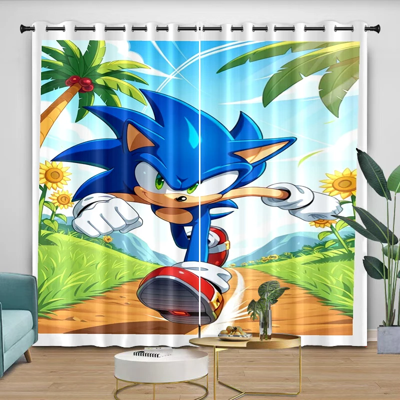 Фото Шторы Sonic с мультяшным цифровым принтом для спальни, гостиной, кухни, защищающие от света, с креплением на кронштейн, 2 штуки №3
