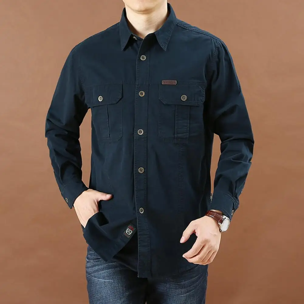 

Spring T-shirt Multi-pockets Men Shirt Great Stitching Single-breasted Great Wear-resistant Men Top
