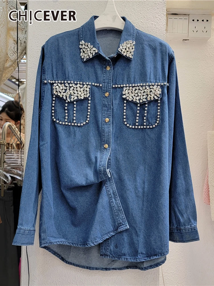 

CHICEVER Patchwork Diamond Denim Blouses For Women Lapel Long Sleeve Single Breasted Korean Spliced Pockets Casual Shirts Female