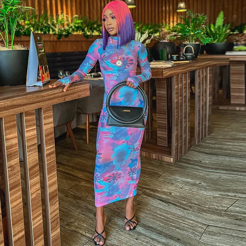 

Women Summer 2023 For Beach Pareo Fashion Sets Printing Round Collar Finger Set Of Long Sleeve Package Hip Skirt Leisure Dress