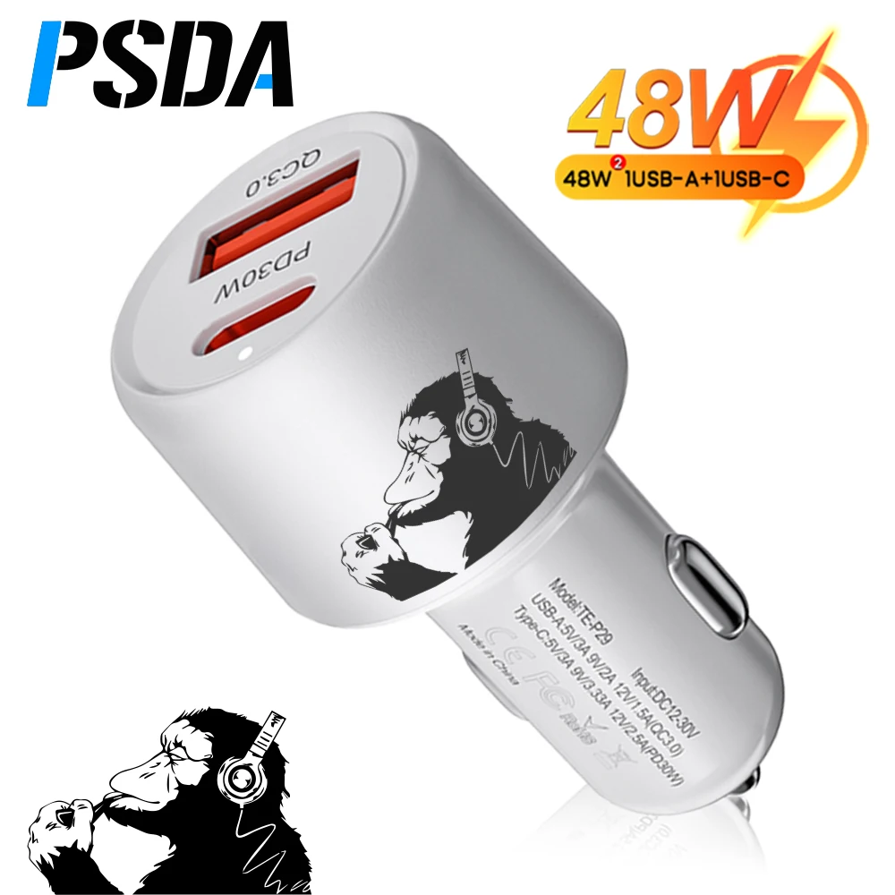 

PSDA 3D Monkey 48W Dual USB Car Phone Charger USB Type C Fast Charging Car Adapter For Xiaomi Samsung Huawei iphone 15 14 QC3.0