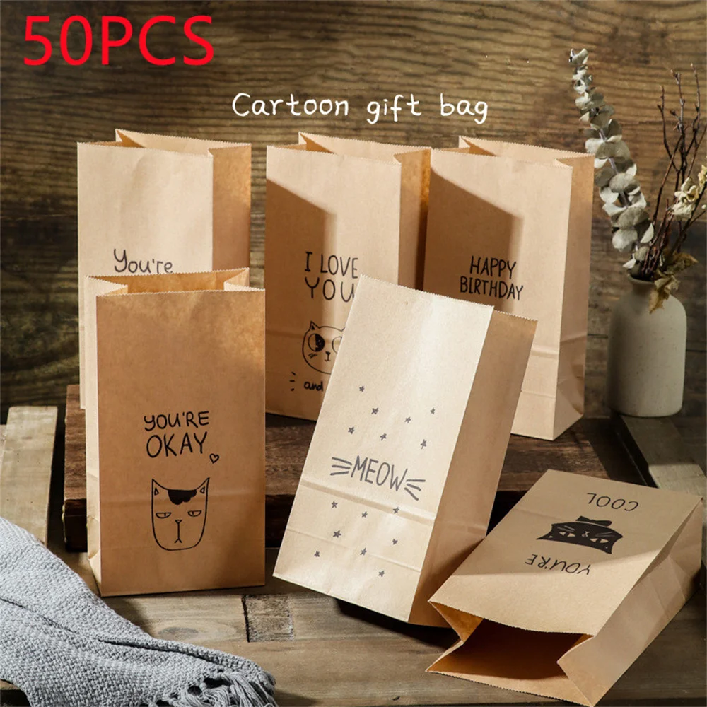 

50 PCS kraft paper gift bag Candy cookies kraft paper bags gift packing Wedding home Party birthday gift packaging cat pattern