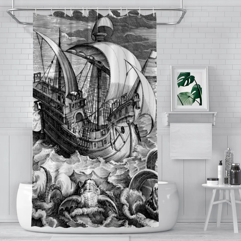 

Ship Retro Painting Shower Curtains Mythical Fantasy Waterproof Fabric Creative Bathroom Decor with Hooks Home Accessories