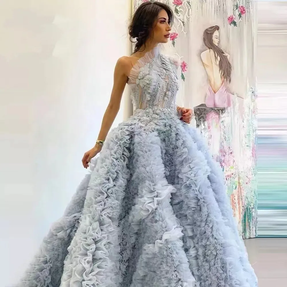 

Dusty Blue One Shoulder Prom Dresses Cloud Tiered Evening Gowns 2021 Turkish Arabic Celebrity Party Dress Robe De Soiree