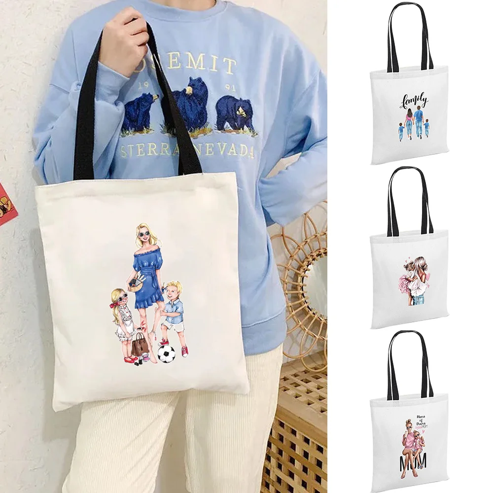 

Women Shoulder Bags Casual Reusable Shopping Handbags for Girls Foldable Mom Series Print Canvas Supermarket Organizer Tote