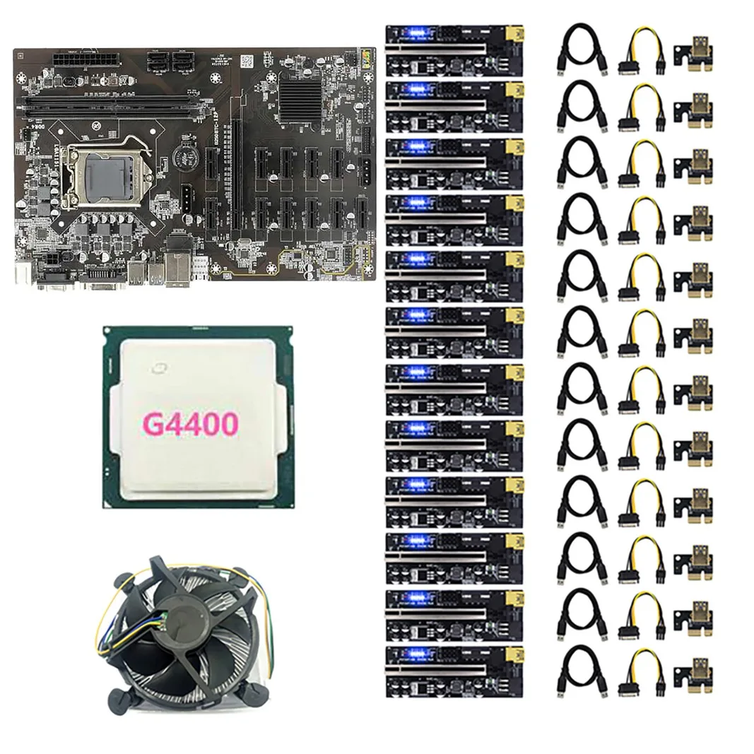 

B250 BTC Mining Motherboard with 12X009C PLUS PCIE Riser Card+G4400 CPU+Cooling Fan 12 GPU LGA1151 DDR4 DIMM for Bitcoin