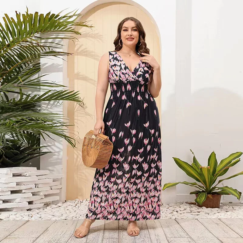 

Large size Floral print Dress Lady ice silk V-neck holiday beach skirt skirt