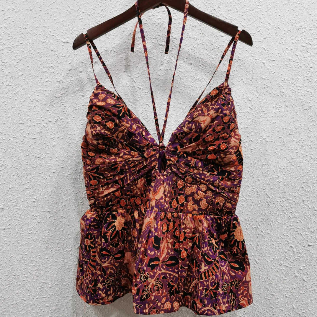 

New Collection Summer High Quality Cotton Front Shirring Floral Printing Vintage Cami Tops for Women