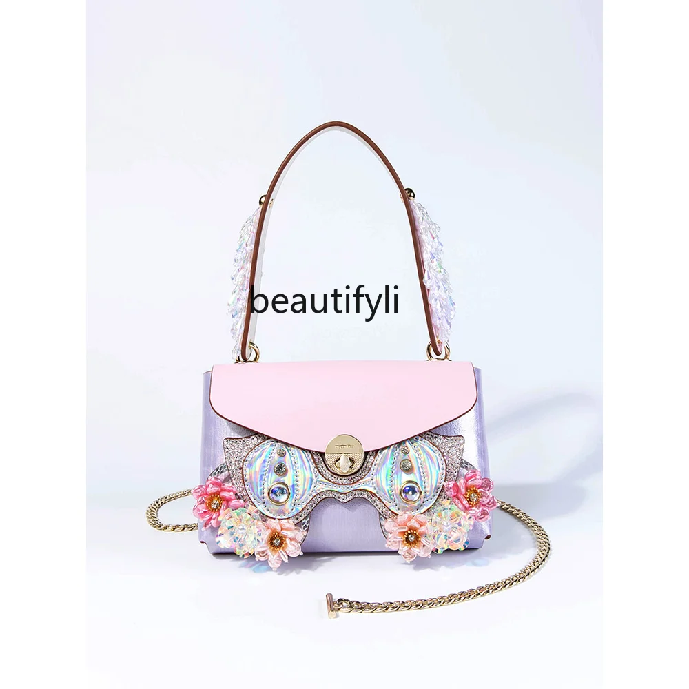 

yj Niche Handmade Shoulder Crossbody Pink Small Square Bag Female Owl Face Changing Bag Advanced