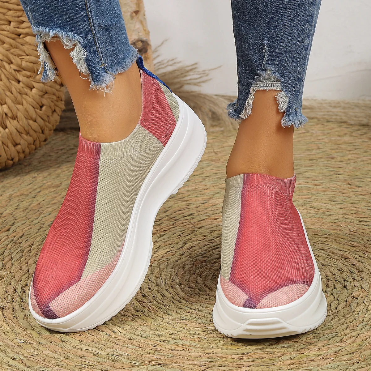 

Spliced Color Mesh Platform Sneakers Women Elastic Knitted Slip-On Casual Shoes Woman 2023 Autumn Thick Bottom Sneakers Big Size